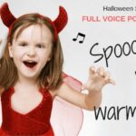 image of child in devil Halloween costume with text "Spoooooky vocal warm-ups"