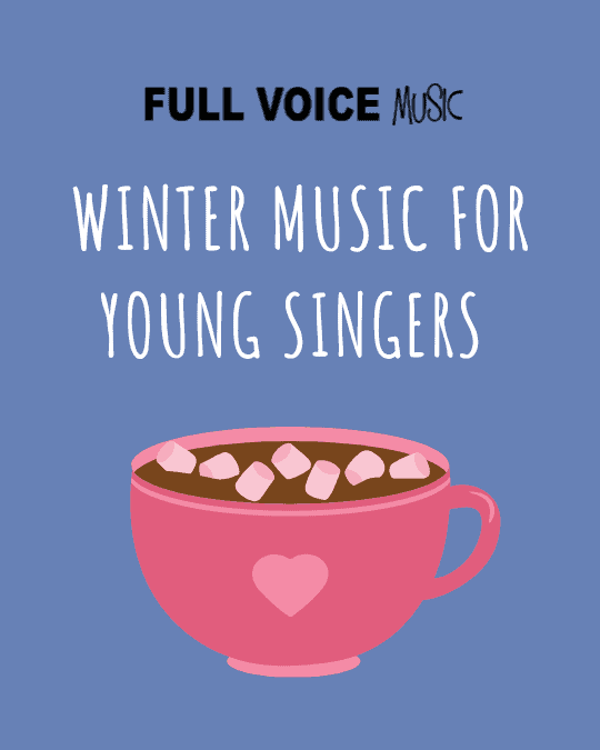 Winter Music for Young Singers text with illustration of a mug of hot chocolate with marshmallows