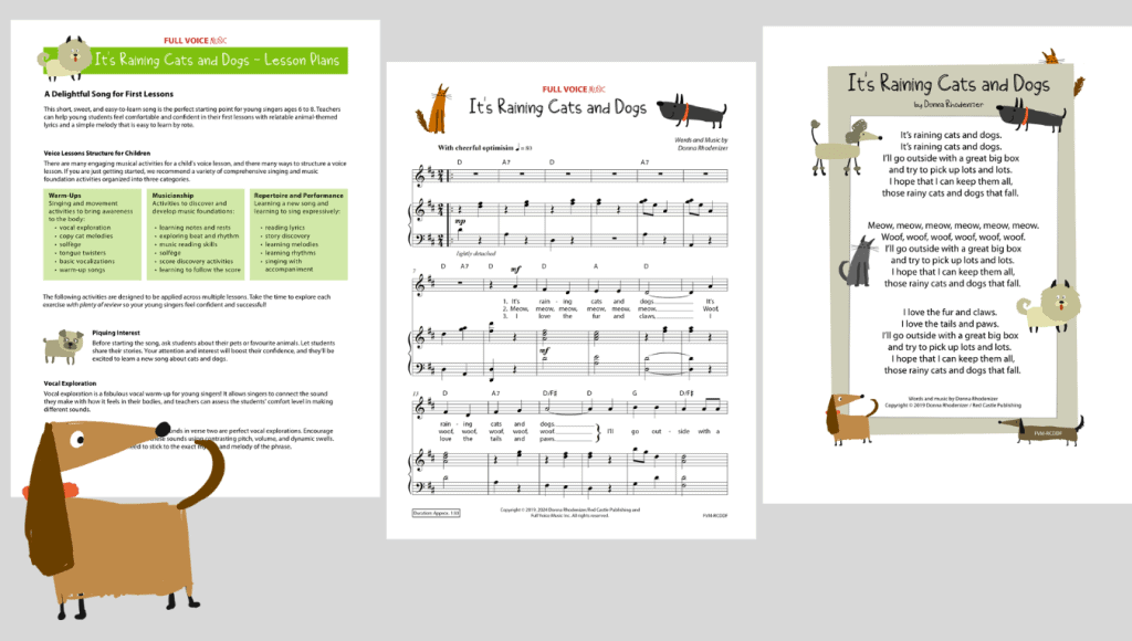 Small images of a lesson plan page, a music score page, and the lyrics page.