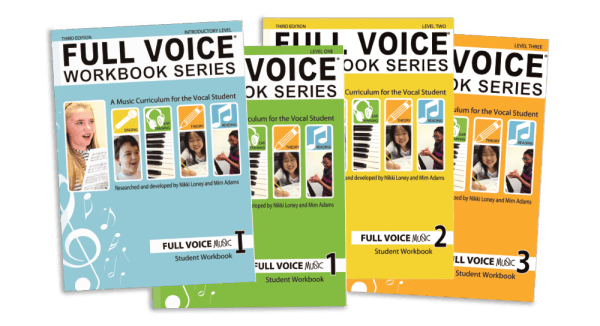 Covers of all four levels of the FULL VOICE Workbooks
