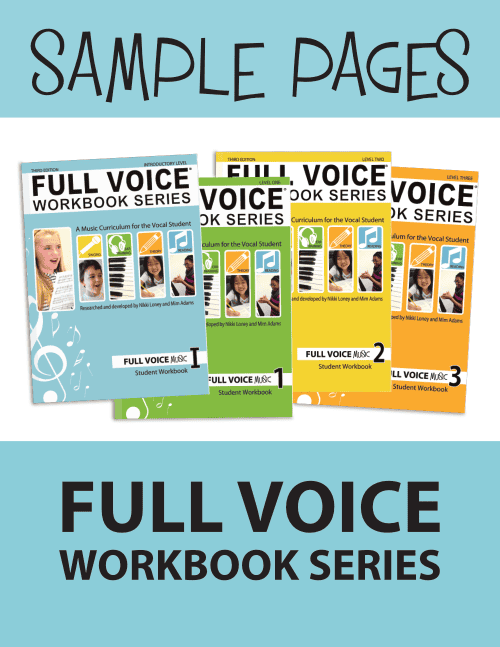 Link to sample pages. Book covers for all four levels of FULL VOICE Workbooks.
