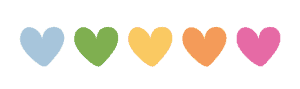 five hearts, each in different colours: blue, green, yellow, orange, pink