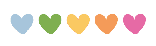 five hearts, each in different colours: blue, green, yellow, orange, pink
