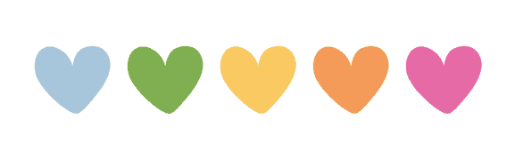 five hearts, each in different colours: blue, green, yellow, orange, pink