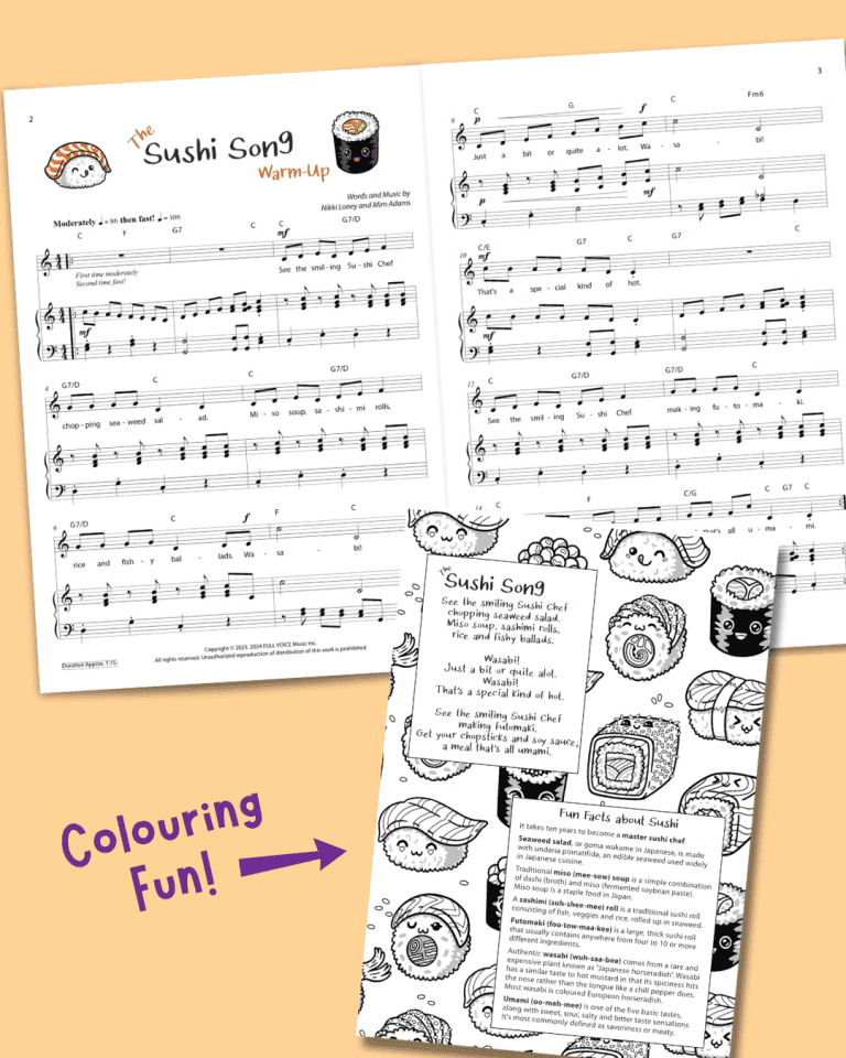 the two-page sheet music inside and the back page with lyrics and images of sushi to colour in