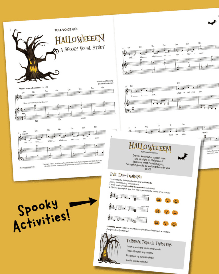 the two-page sheet music inside and the back page with lyrics, ear training activities, and tongue twisters