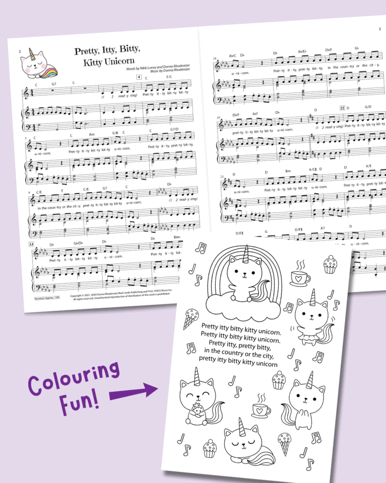 the two-page sheet music inside and the back page with lyrics and images of kitty unicorns to colour in