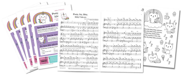 a pile of song prints, one is open showing two pages of sheet music, and the back page of the song print.