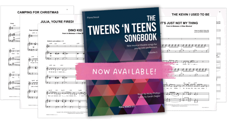 Cover of The Tweens 'N Teens Songbook Volume 1 with label "Now Available" and five pages of sheet music spread out behind.