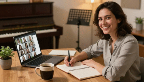 A teacher smiling while taking notes in an online meeting
