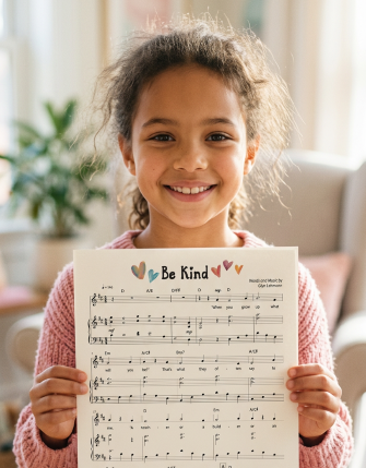 a young singer happily holding her sheet music