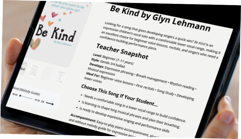 tablet screen displaying teacher snapshot of song details and "choose this song if your student..." details