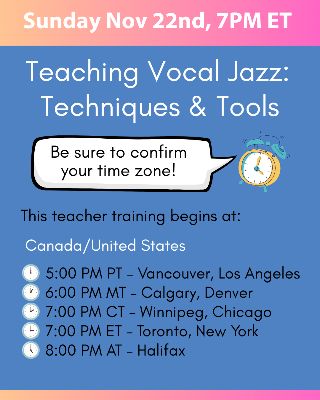 Be sure to check your time zone: 5pm PT Vancouver, Los Angeles, 6pm MT Calgary, Denver, 7pm CT Winnipeg, Chicago, 7pm ET Toronto, New York, 8pm AT Halifax