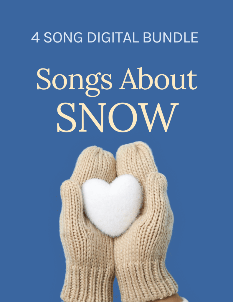 4 song digital bundle, Songs About Snow, hands in beige woolen mittens holding a white felted heart